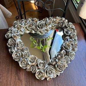 Decorative Silver Rose Mirror Heart Shabby Chic Vanity/Wall Handmade/Handpaint
